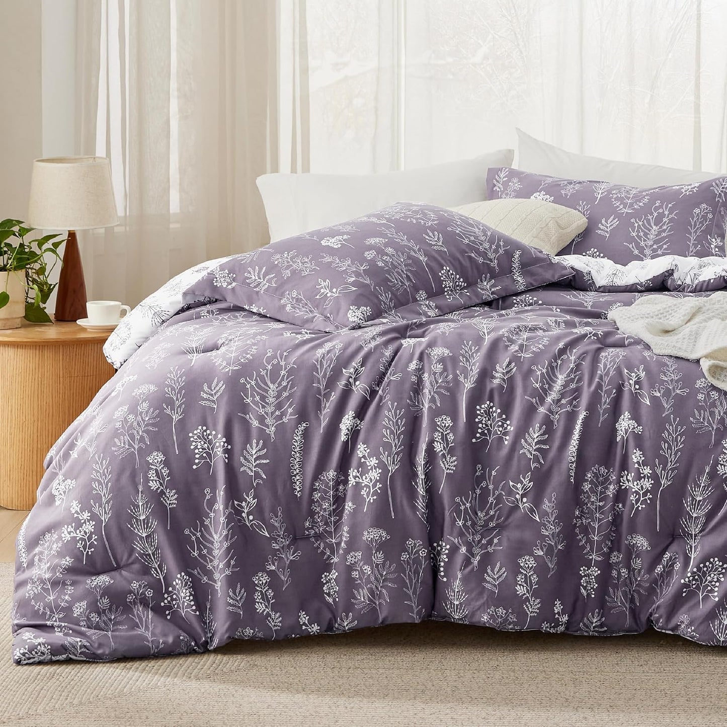 3Pcs Reversible Botanical Floral Comforter Set, Lightweight Soft Summer Bedding Set with 2 Pillow Shams, Bedroom Bedding Gift