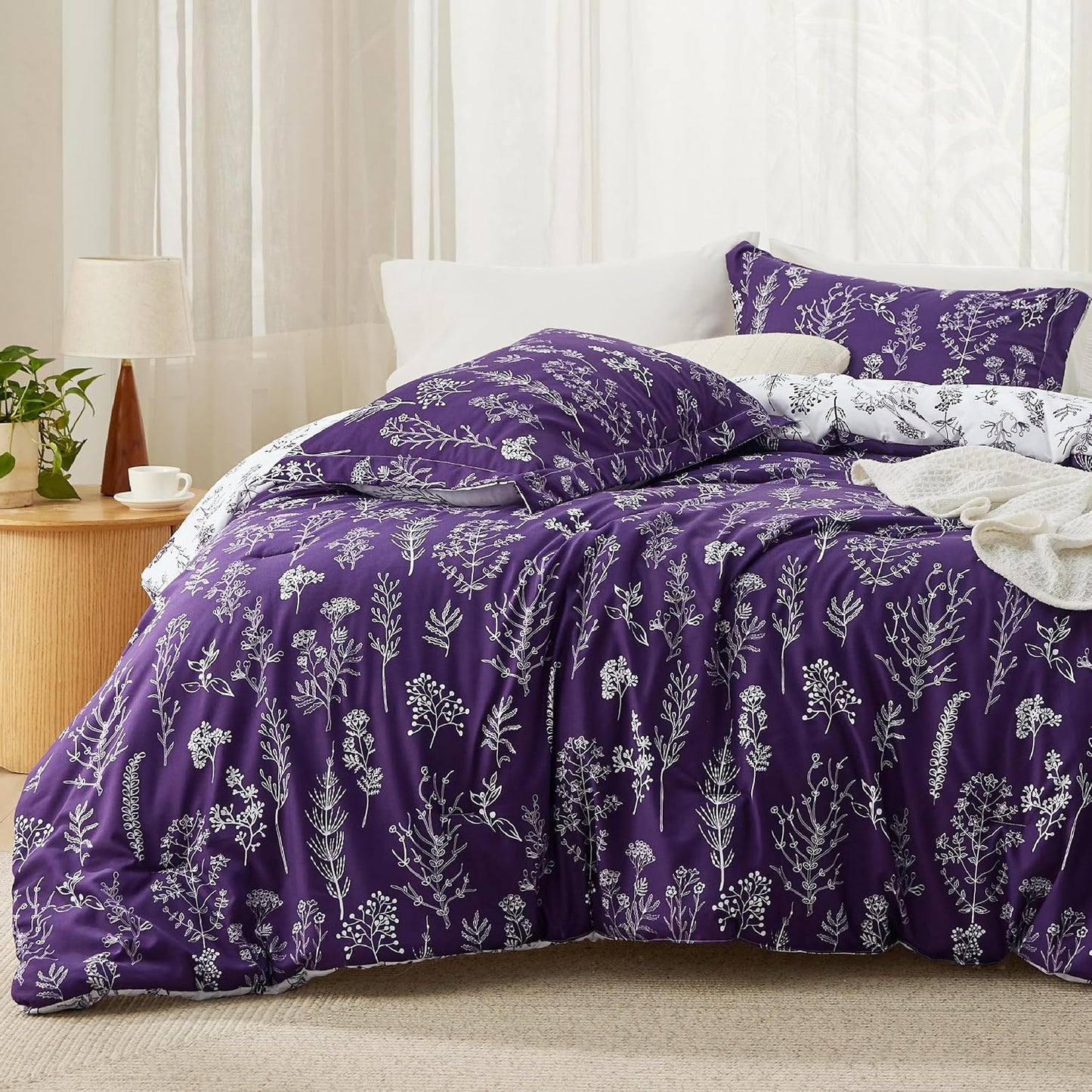 3Pcs Reversible Botanical Floral Comforter Set, Lightweight Soft Summer Bedding Set with 2 Pillow Shams, Bedroom Bedding Gift