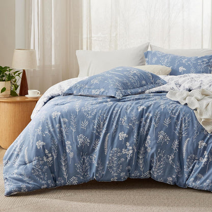 3Pcs Reversible Botanical Floral Comforter Set, Lightweight Soft Summer Bedding Set with 2 Pillow Shams, Bedroom Bedding Gift