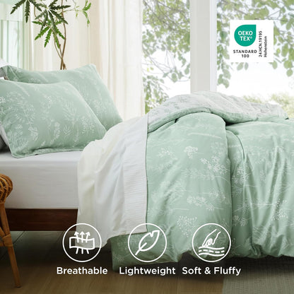 3Pcs Reversible Botanical Floral Comforter Set, Lightweight Soft Summer Bedding Set with 2 Pillow Shams, Bedroom Bedding Gift