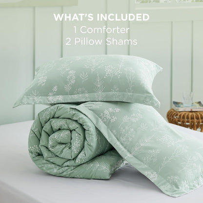 3Pcs Reversible Botanical Floral Comforter Set, Lightweight Soft Summer Bedding Set with 2 Pillow Shams, Bedroom Bedding Gift